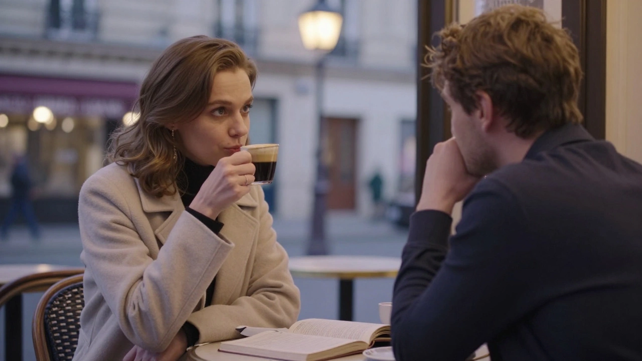 A Russian woman and client having a quiet conversation in a Parisian café, books and coffee on the table.