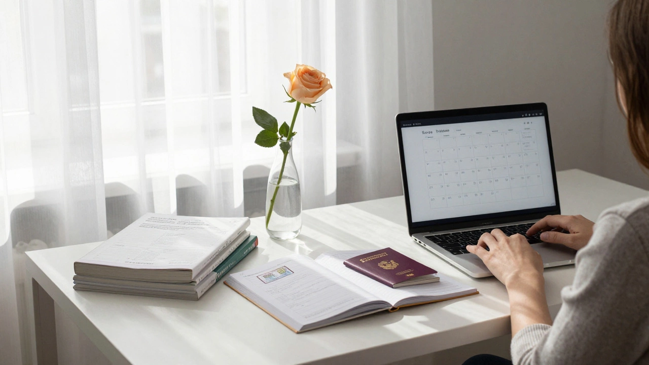 A well-organized apartment desk in Saint Petersburg with language books, a passport, and a single rose.