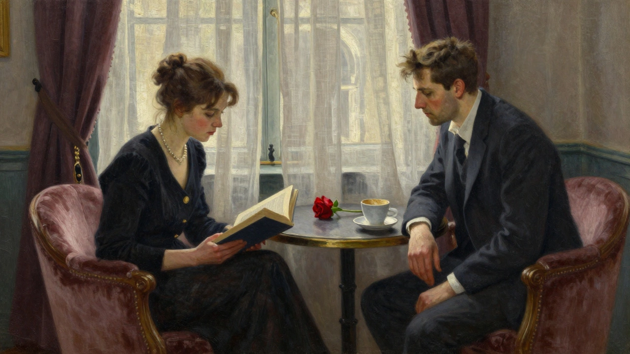 A woman reads quietly in a hotel room as a man sits nearby, coffee and a rose between them, soft daylight streaming through curtains.