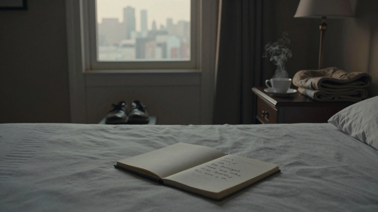 An empty hotel room at dawn with a steaming teacup and folded blanket, conveying quiet support and unseen care.