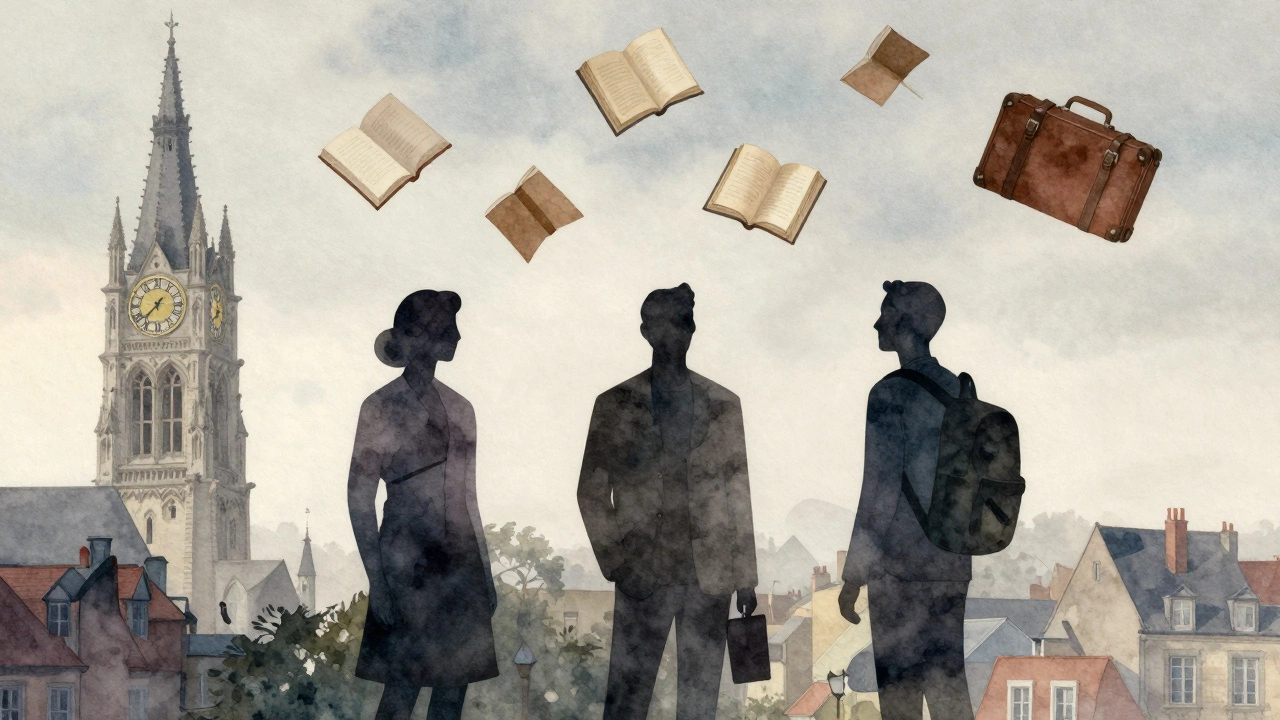 Three abstract figures symbolizing teachers, artists, and travelers fade into Rouen’s skyline, representing quiet dignity and diverse lives.